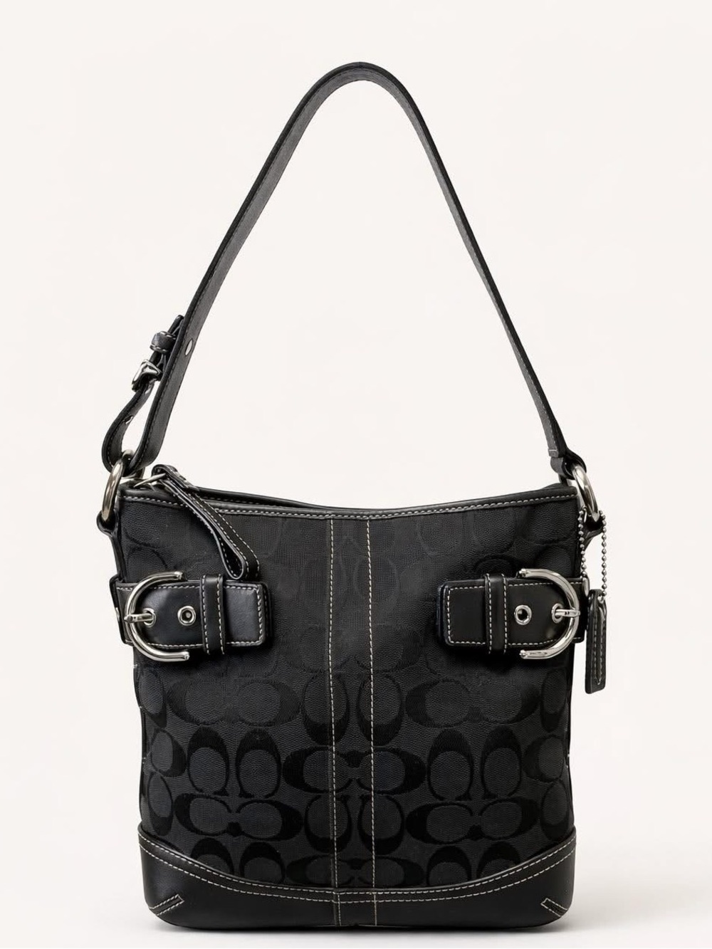 Coach‎ Black Signature Canvas Shoulder Hobo with Buckle Accents